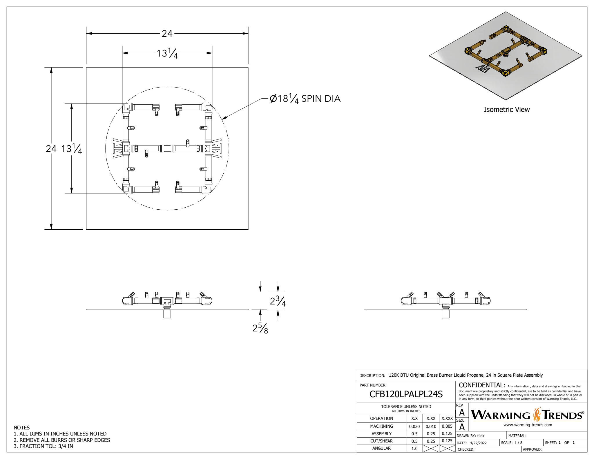 120K BTU Crossfire® Brass Burner for 24" Square or Round Fire Pit Plates