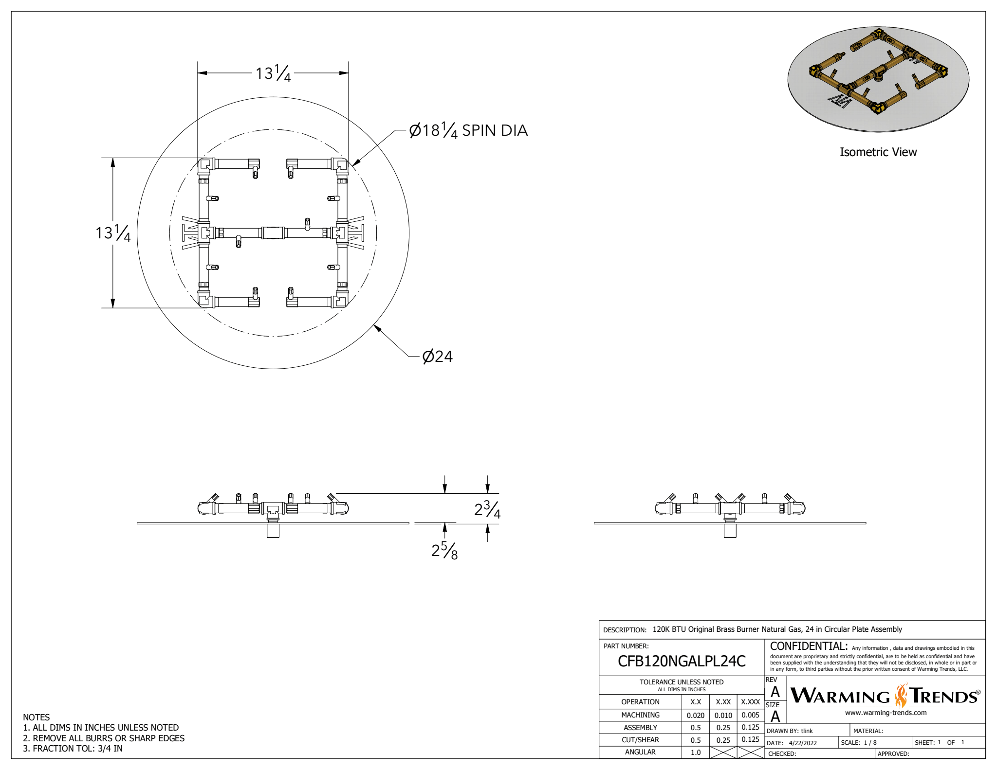 120K BTU Crossfire® Brass Burner for 24" Square or Round Fire Pit Plates