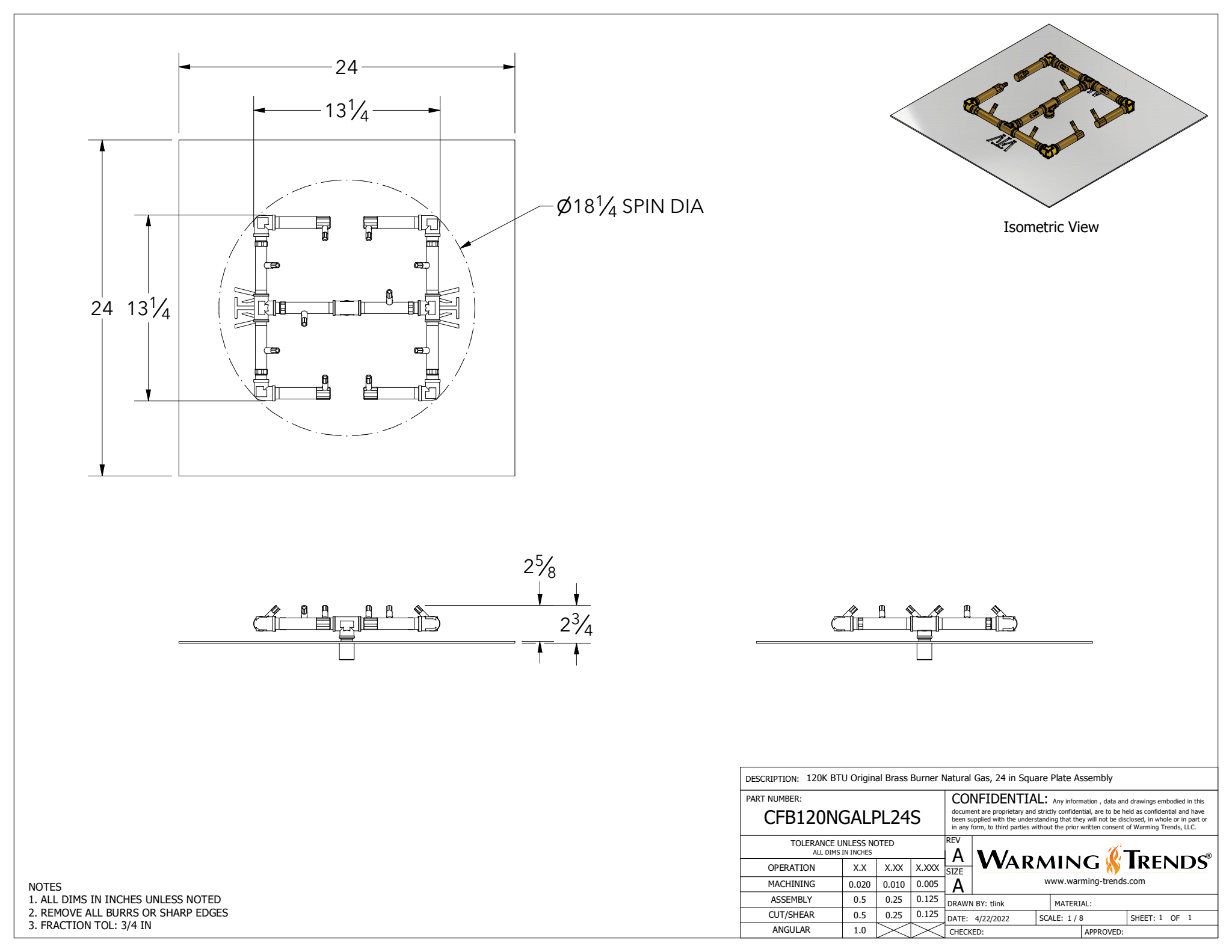 120K BTU Crossfire® Brass Burner for 24" Square or Round Fire Pit Plates