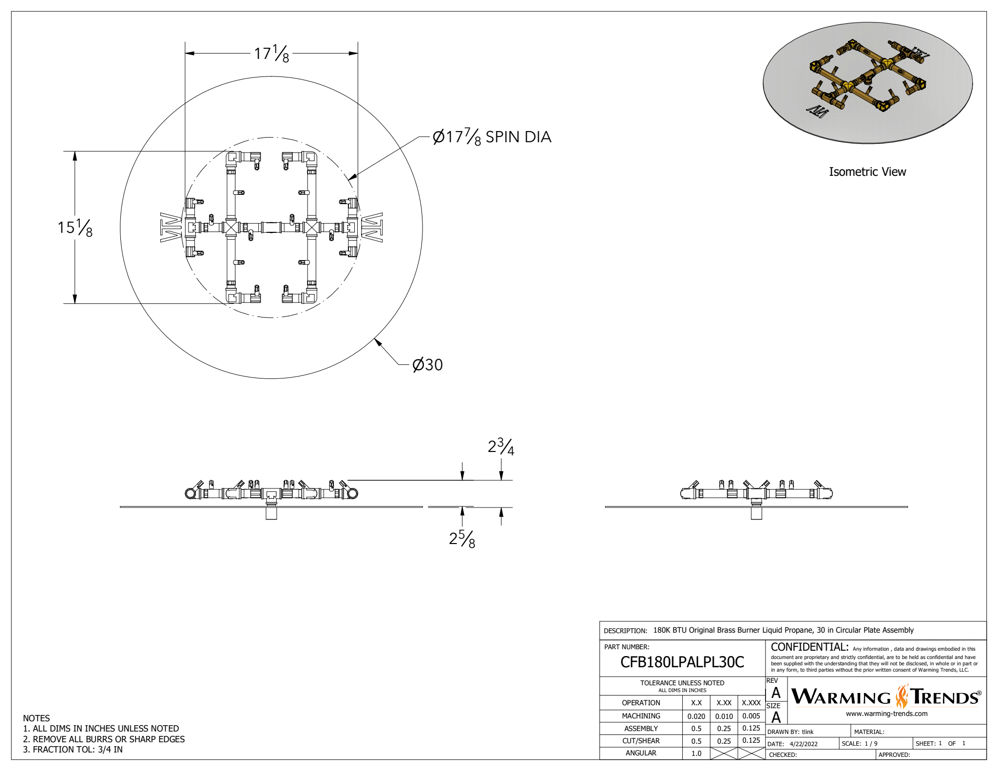 180K BTU Crossfire® Brass Burner for 30" Square or Round Fire Pit Plates