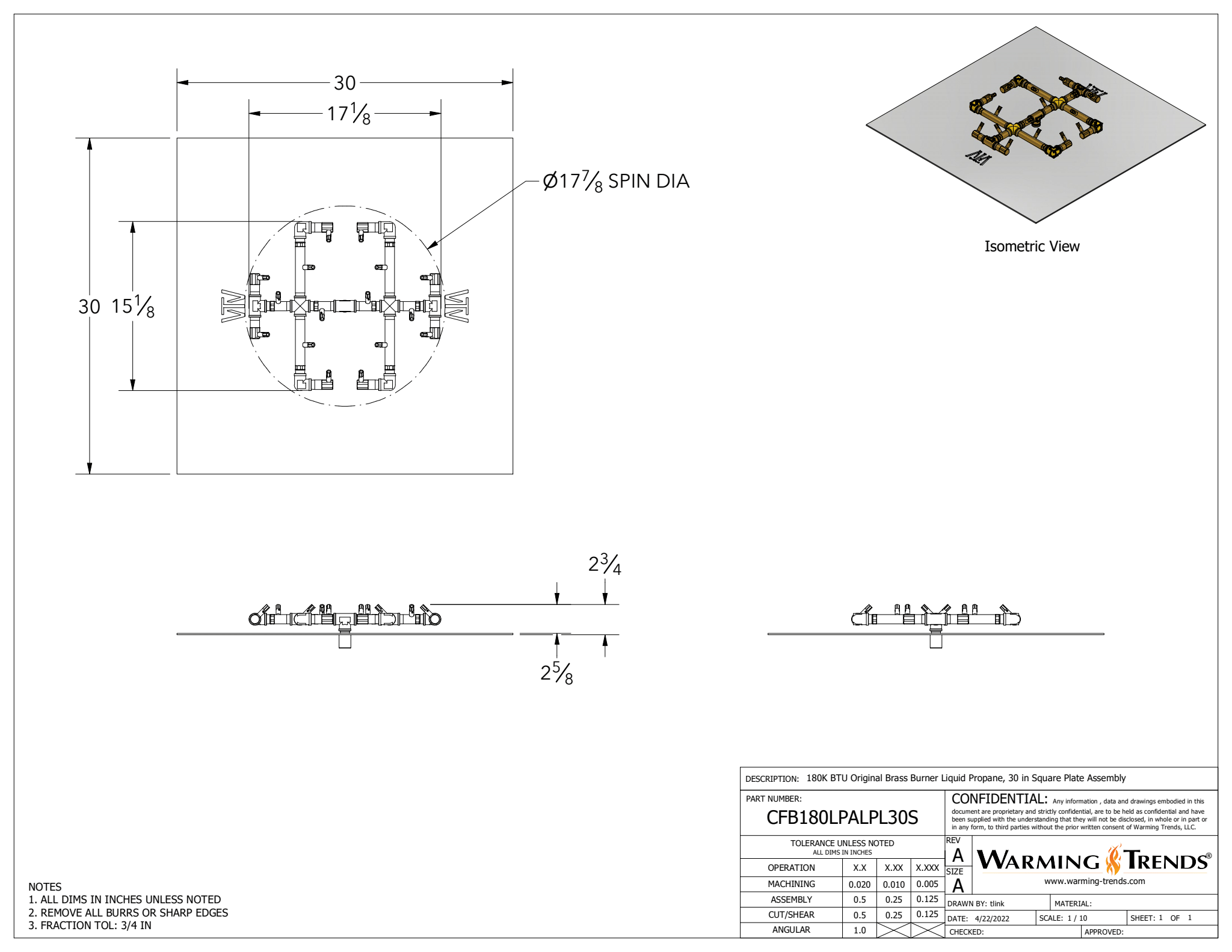 180K BTU Crossfire® Brass Burner for 30" Square or Round Fire Pit Plates