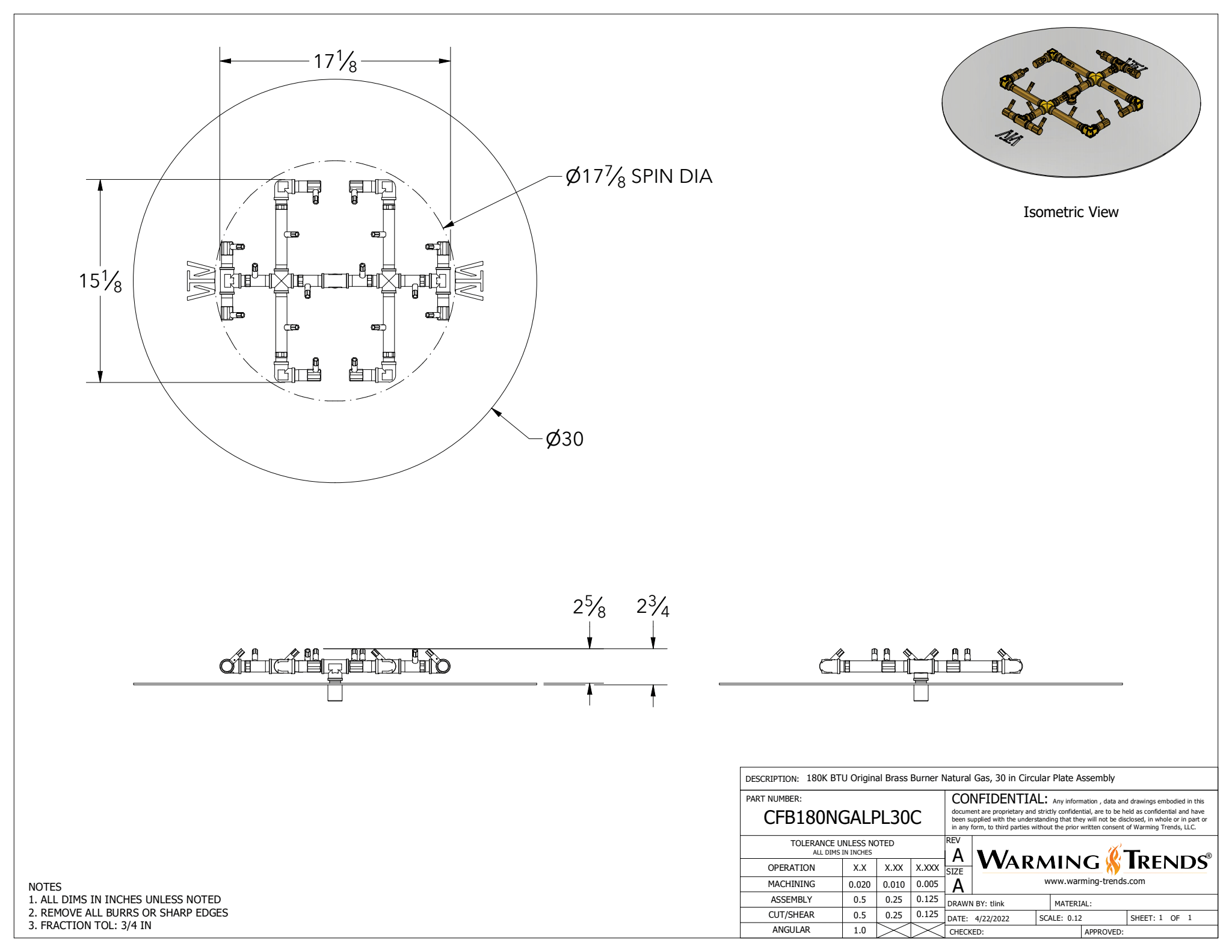 180K BTU Crossfire® Brass Burner for 30" Square or Round Fire Pit Plates