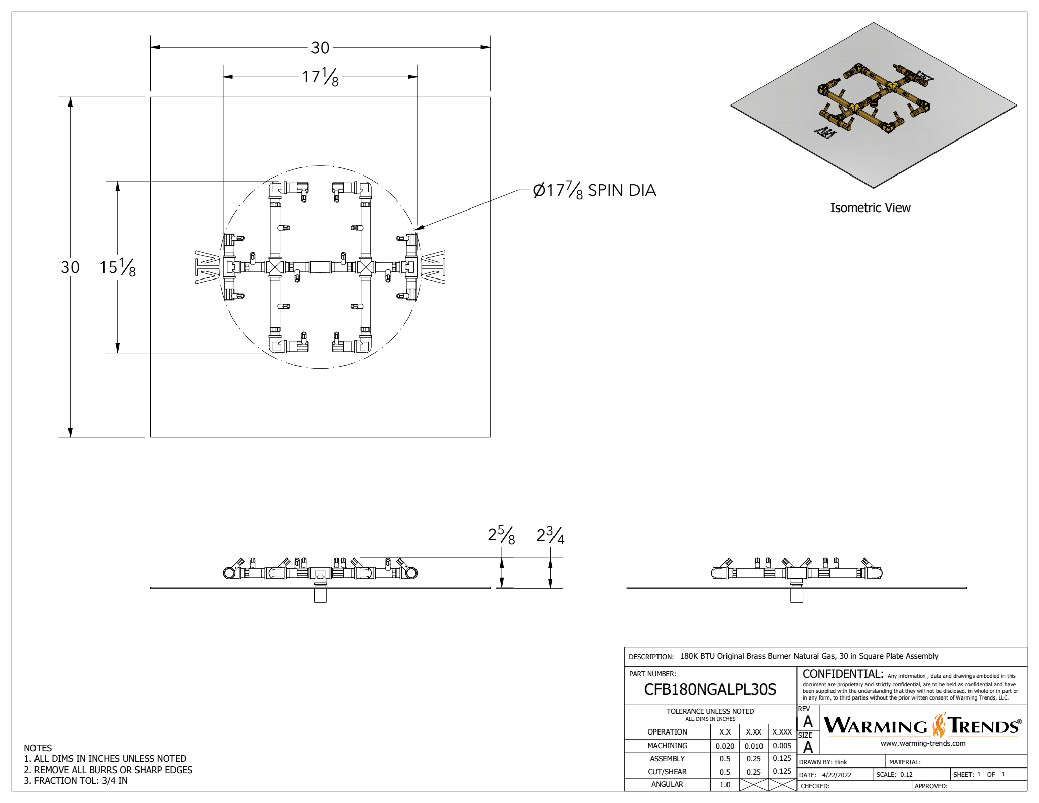 180K BTU Crossfire® Brass Burner for 30" Square or Round Fire Pit Plates
