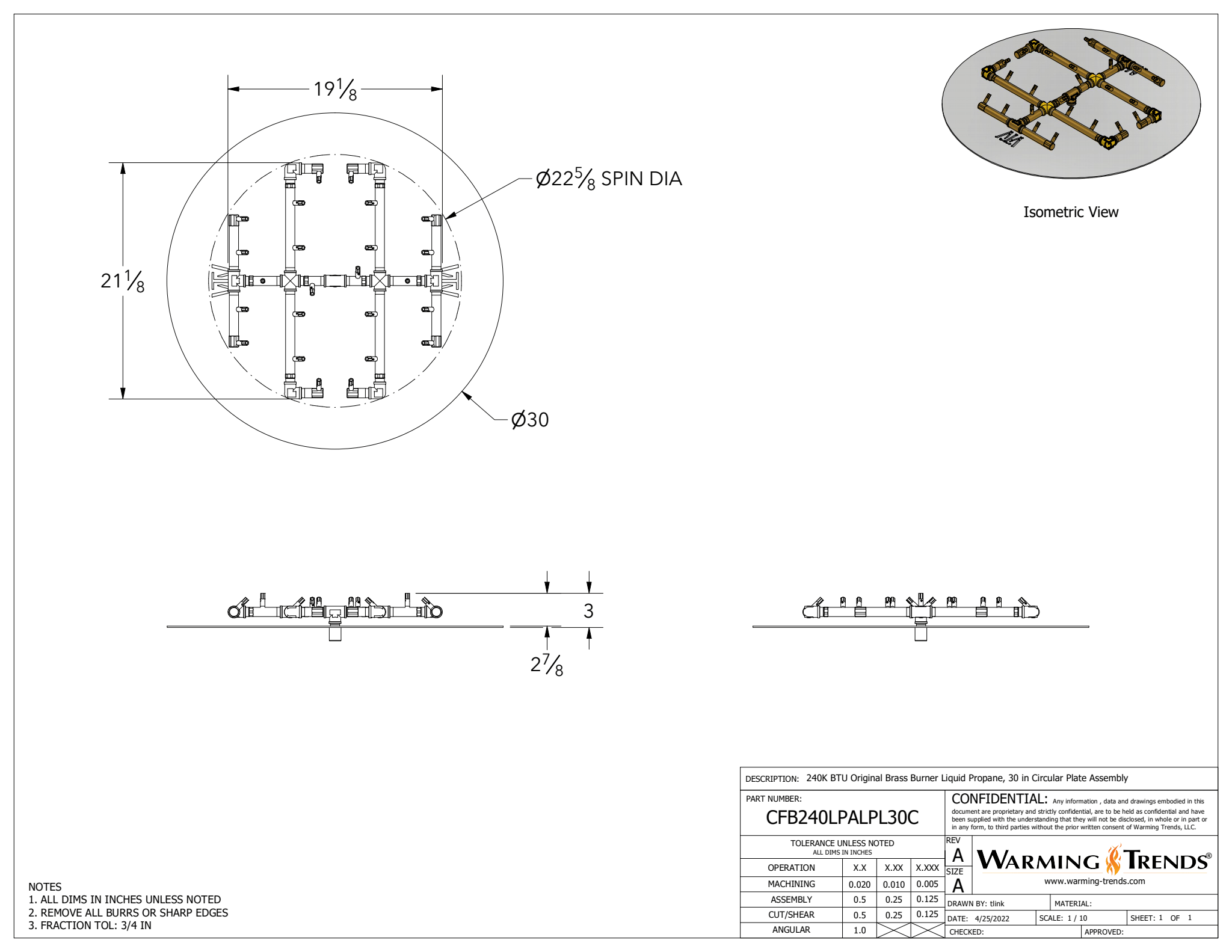 240K BTU Crossfire® Brass Burner for 30" Square or Round Fire Pit Plates
