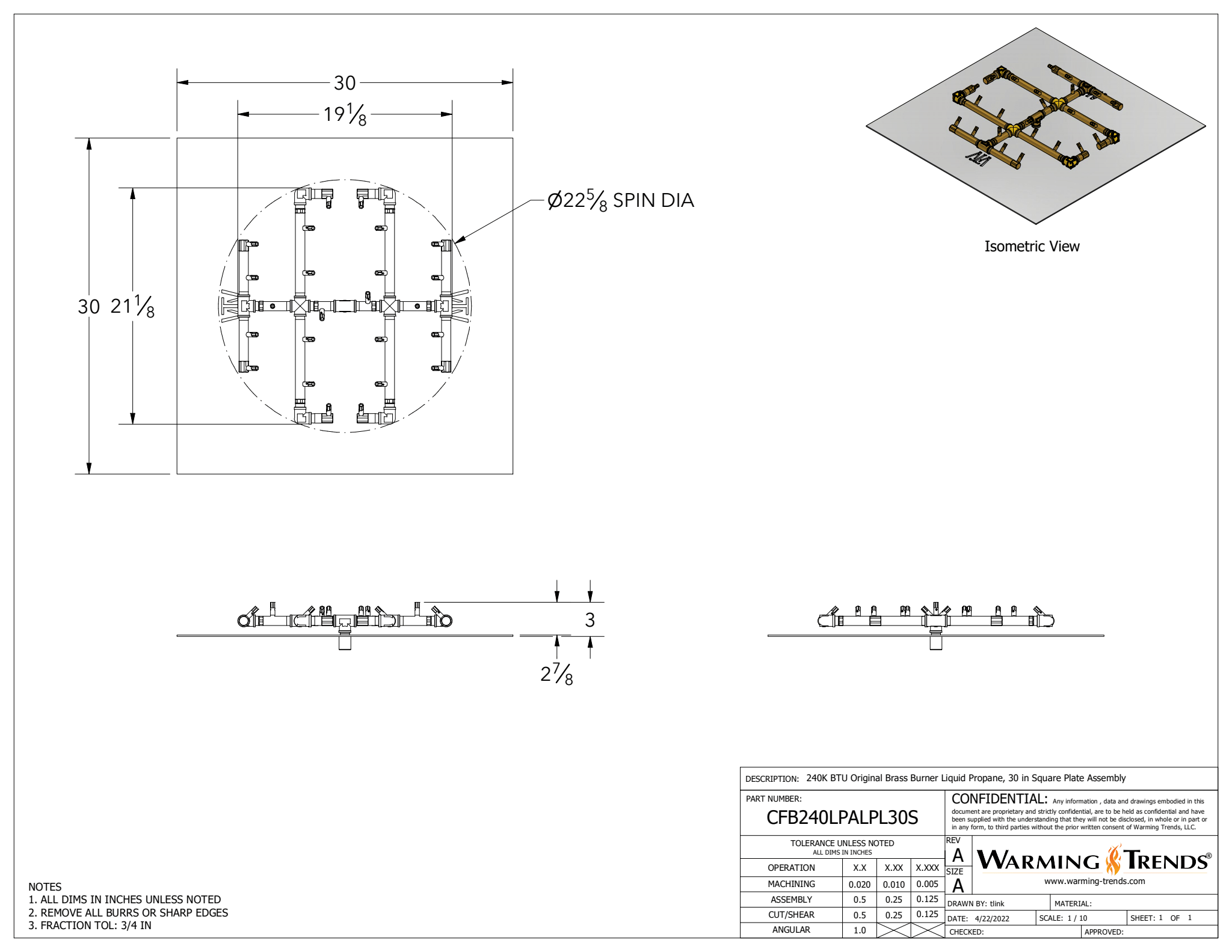 240K BTU Crossfire® Brass Burner for 30" Square or Round Fire Pit Plates