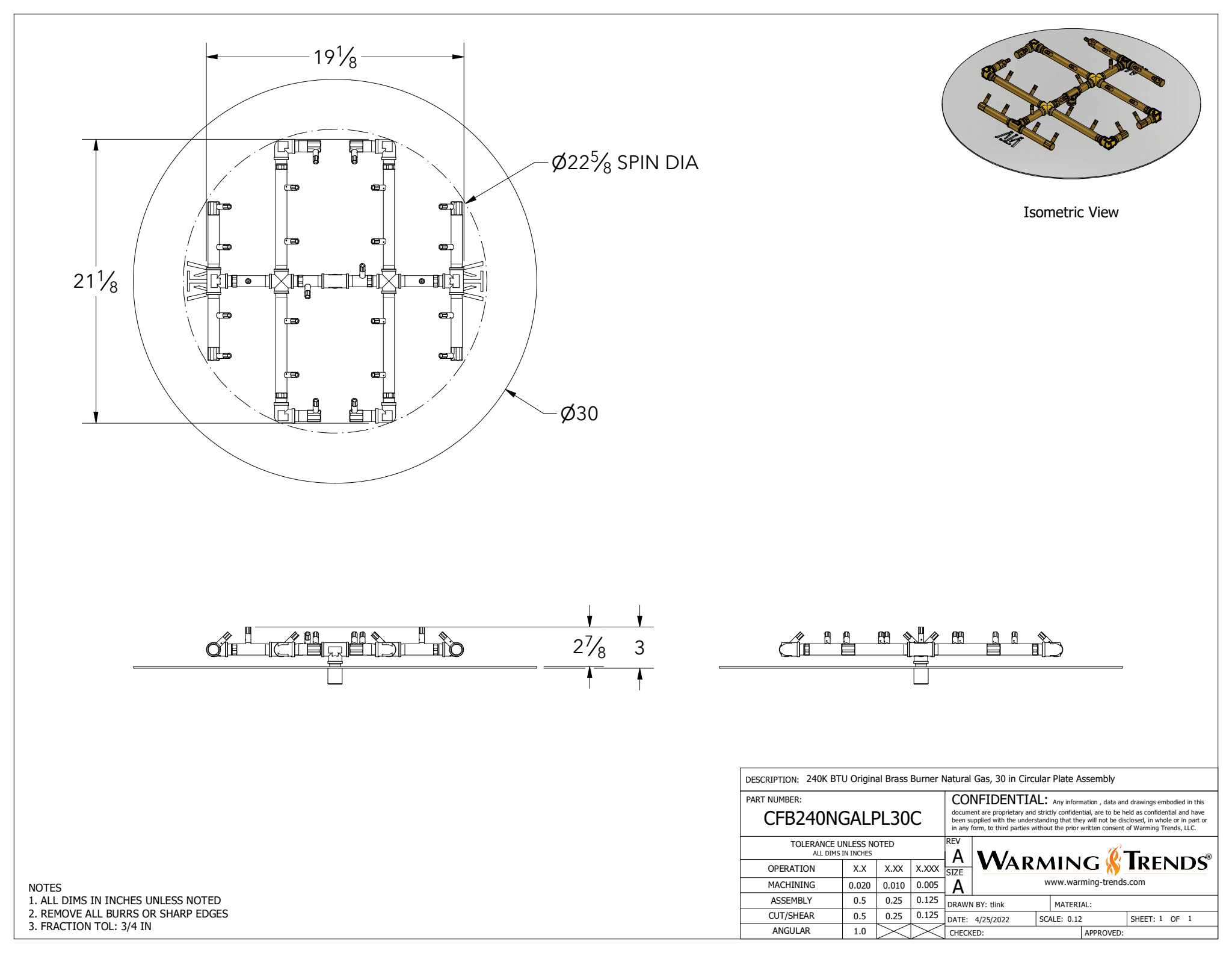 240K BTU Crossfire® Brass Burner for 30" Square or Round Fire Pit Plates