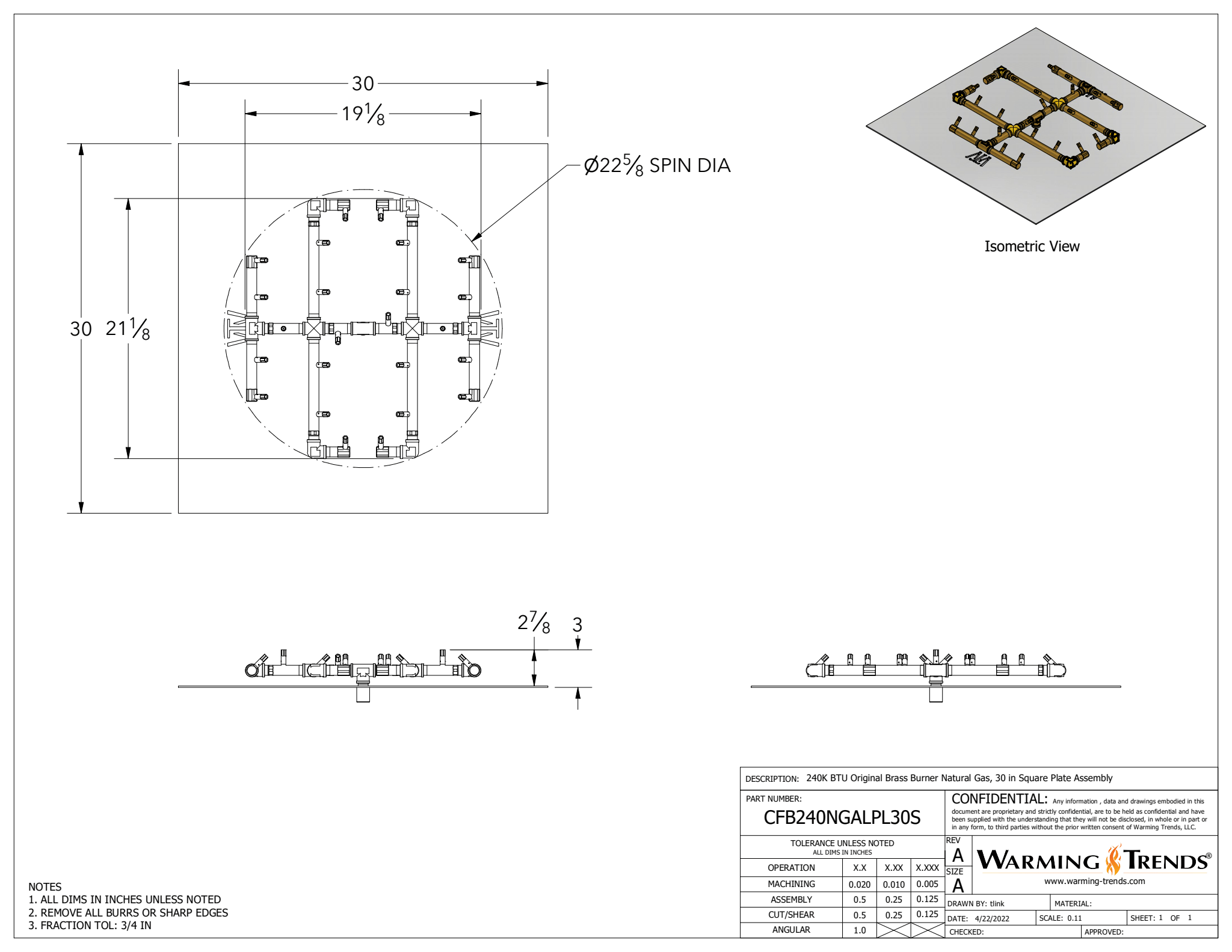 240K BTU Crossfire® Brass Burner for 30" Square or Round Fire Pit Plates