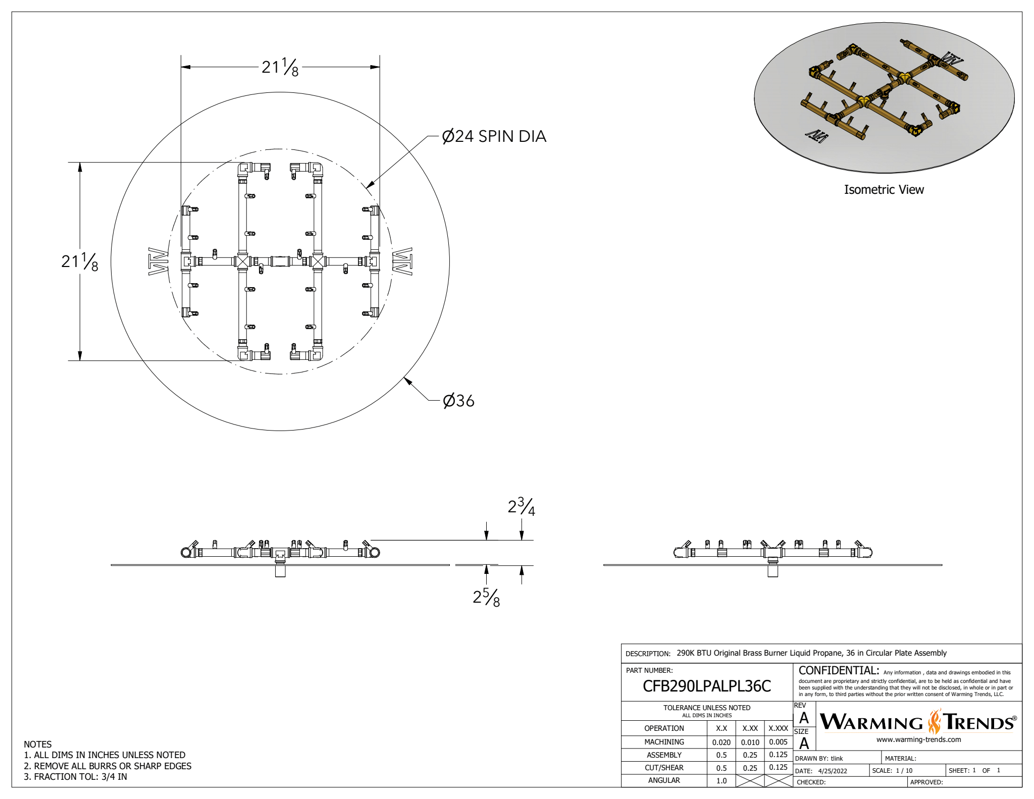 290K BTU Brass Burner for 36" Square or Round Fire Pit Openings