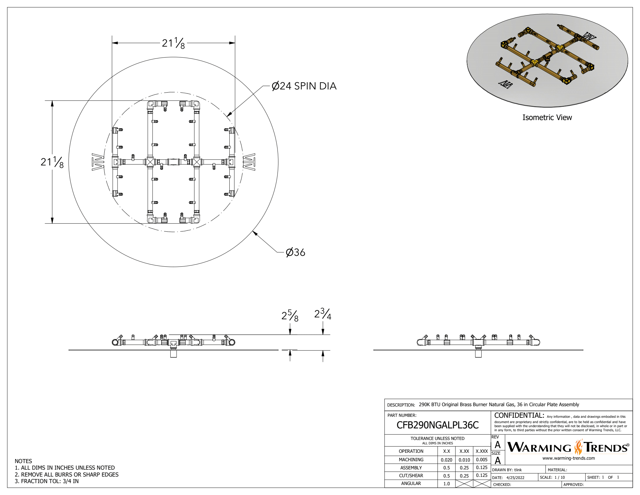 290K BTU Brass Burner for 36" Square or Round Fire Pit Openings
