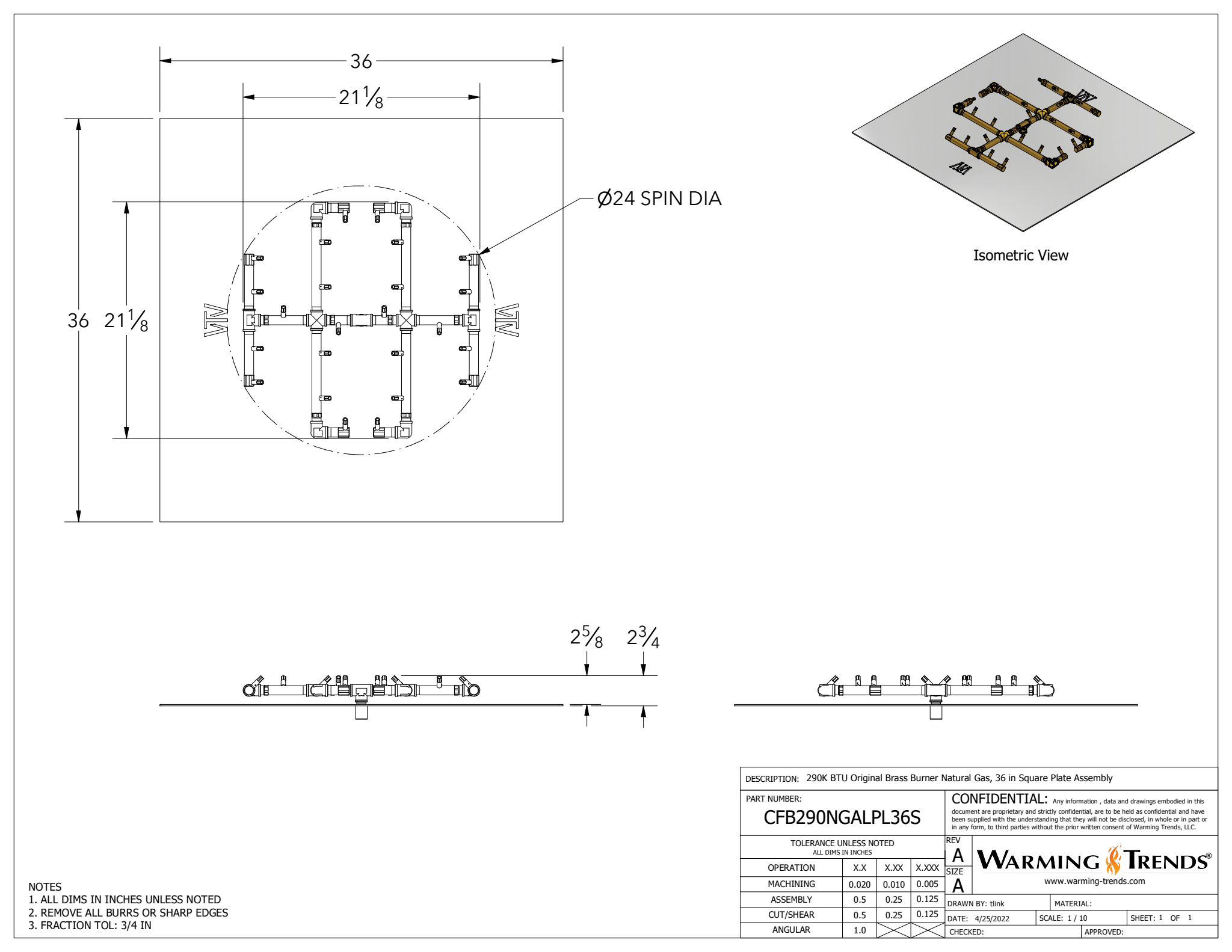 290K BTU Brass Burner for 36" Square or Round Fire Pit Openings