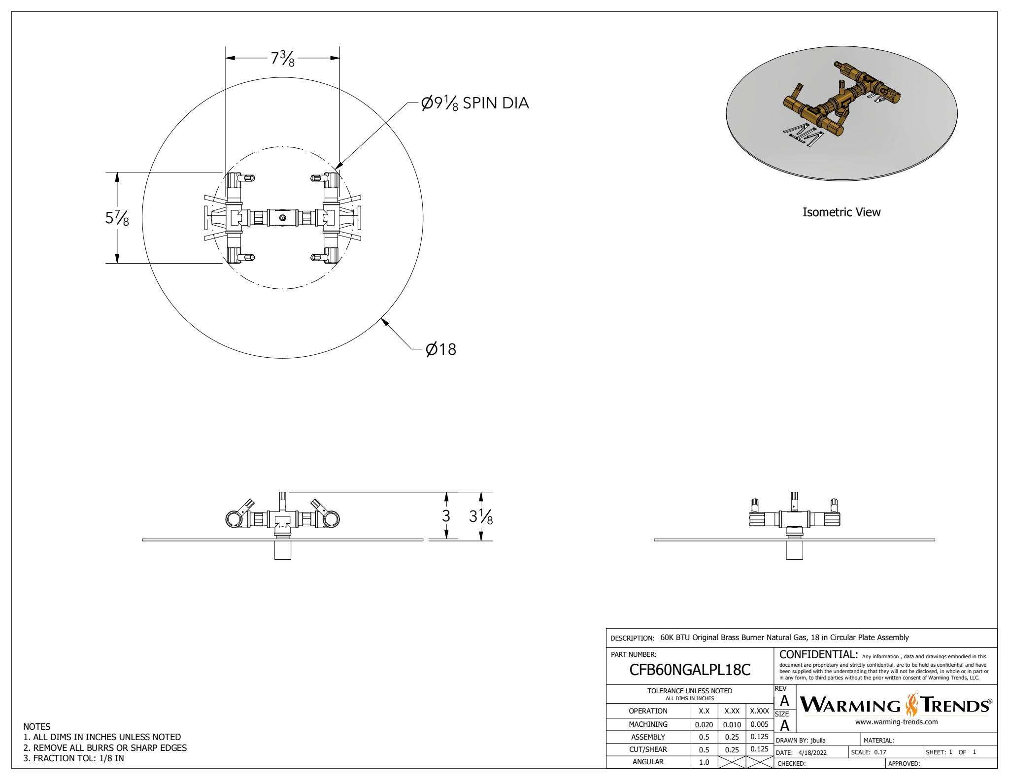60K BTU Crossfire® Brass Burner for 18" Square or Round Fire Pit Plates