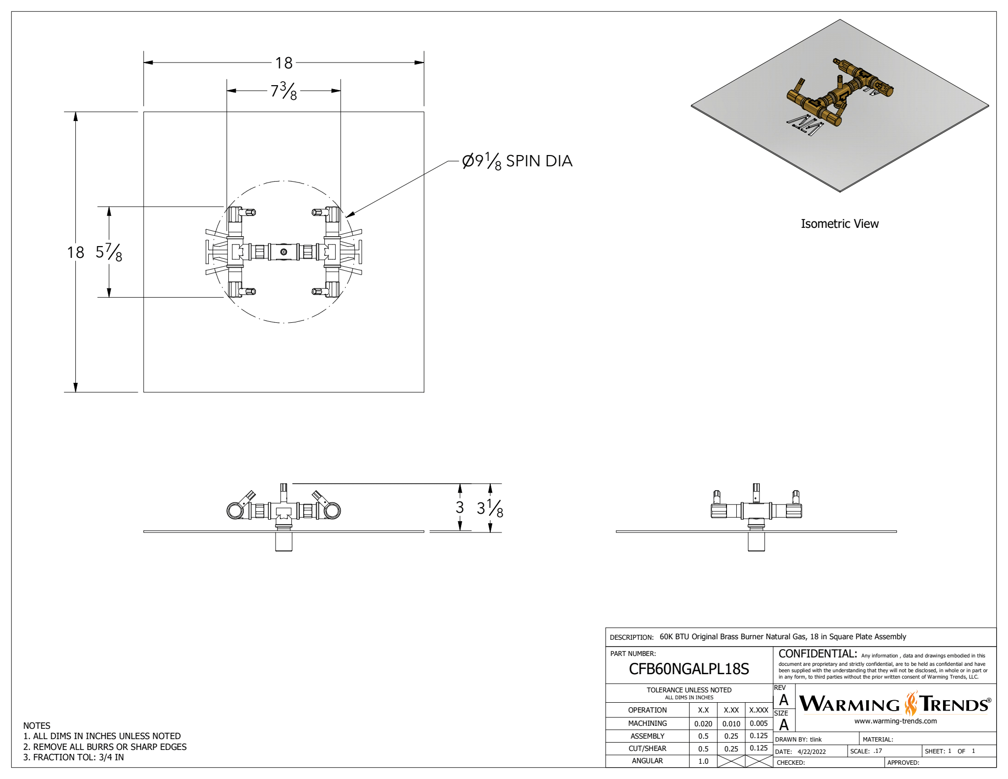 60K BTU Crossfire® Brass Burner for 18" Square or Round Fire Pit Plates