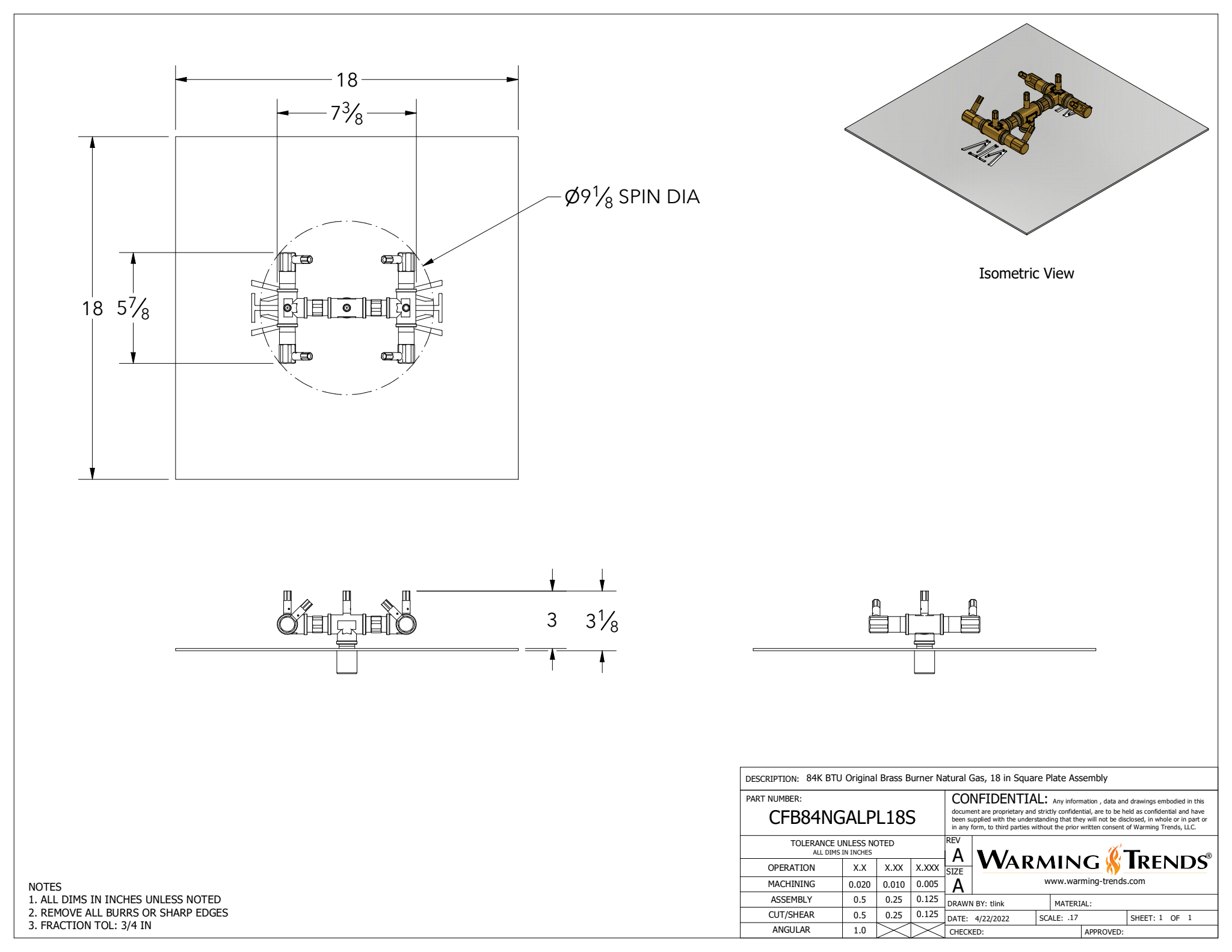 84K BTU Crossfire® Brass Burner for 18" Square or Round Fire Pit Plates