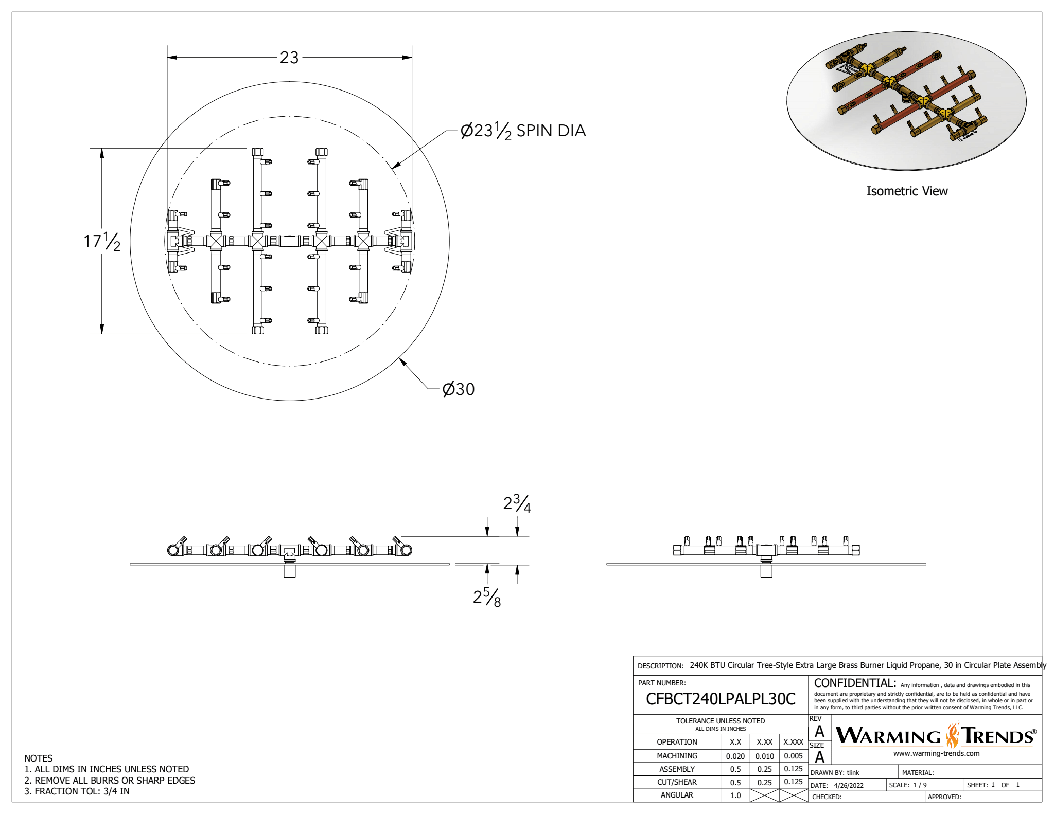240K BTU Circle Tree-Style Brass Burner for 30" Square or Round Fire Pit Openings
