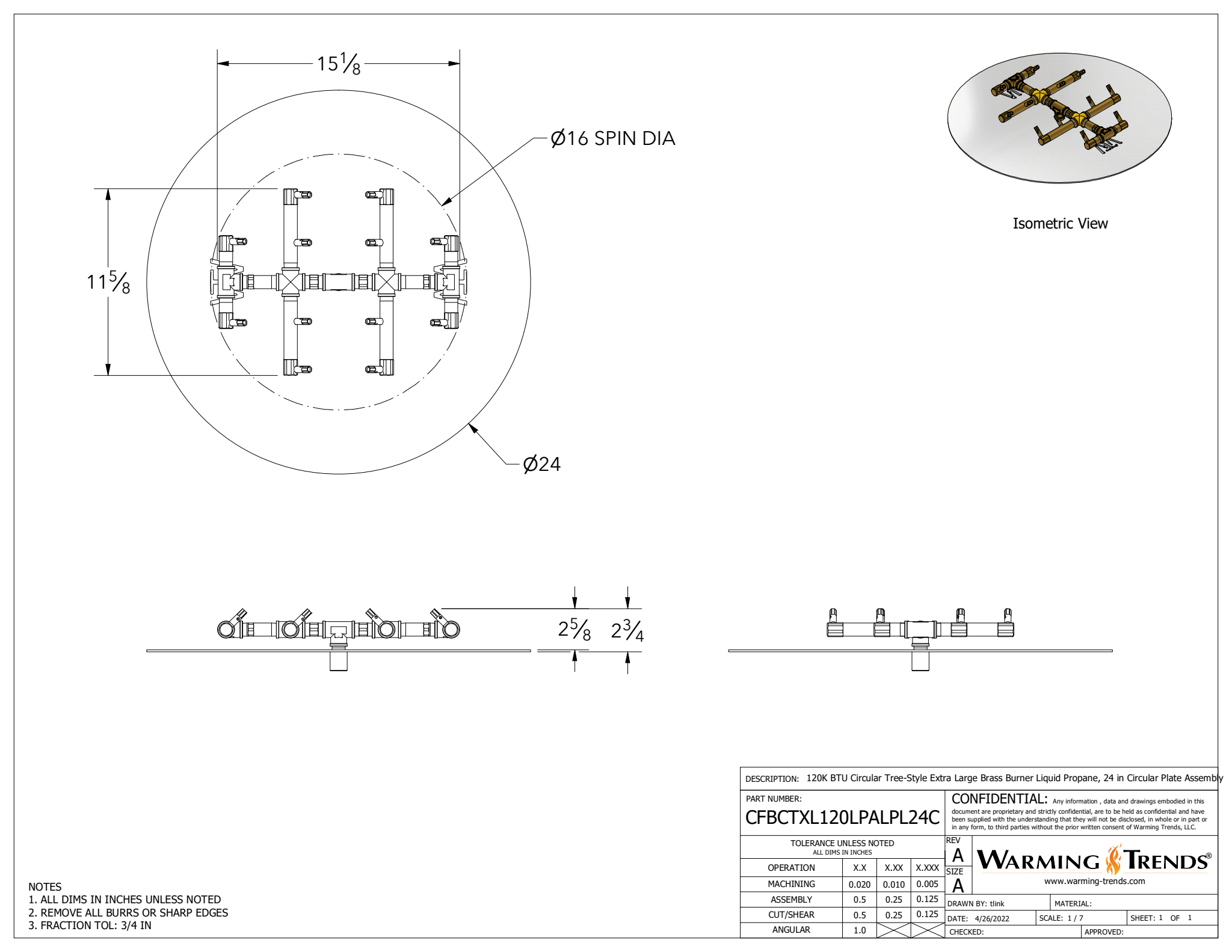 120K BTU Circle Tree-Style Brass Burner for 24" Square or Round Fire Pit Openings