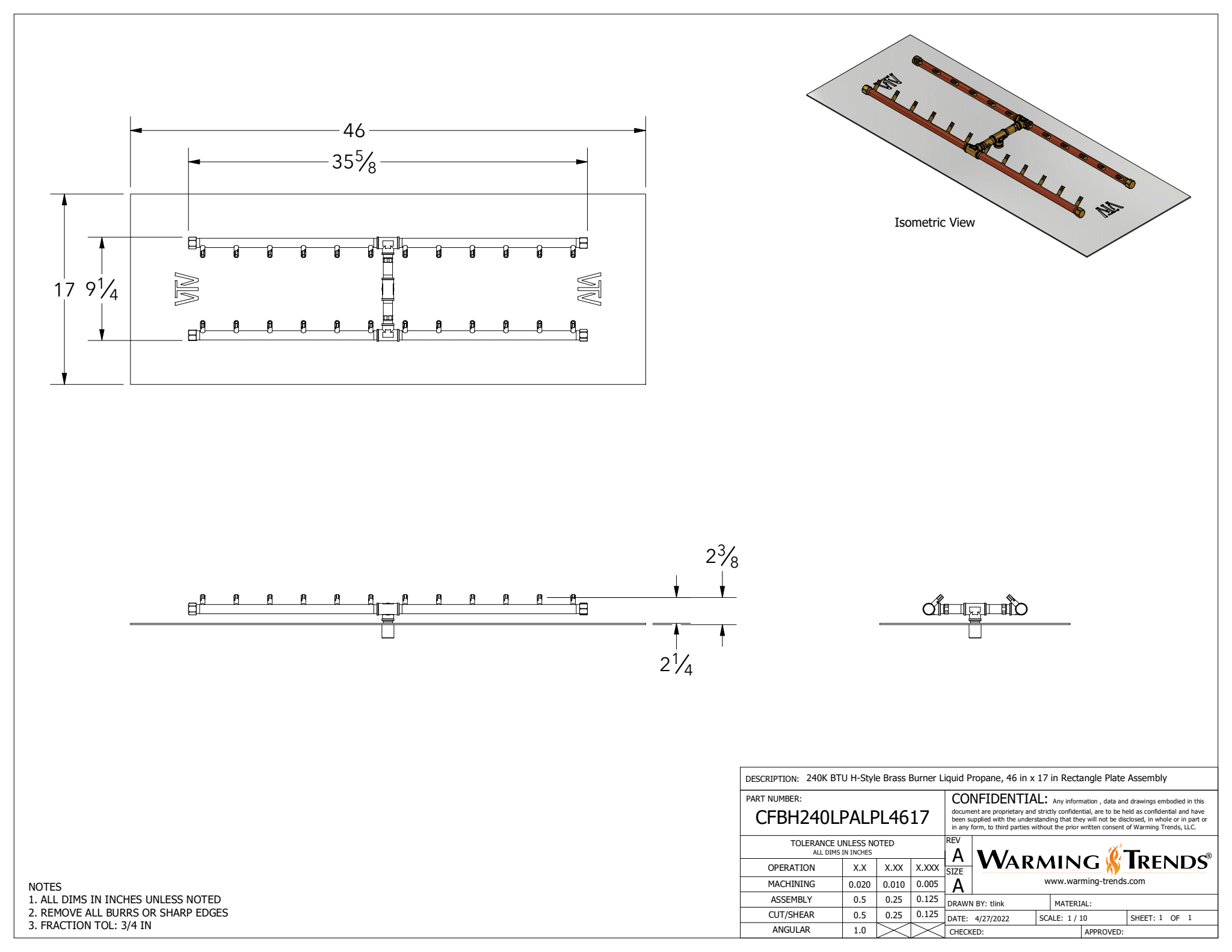 240K BTU H-Style Brass Burner For Rectangular Fire Pit Openings - 46"x17"