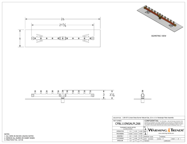 110K BTU 22" Linear Brass Burner For Rectangular Fire Pit Openings
