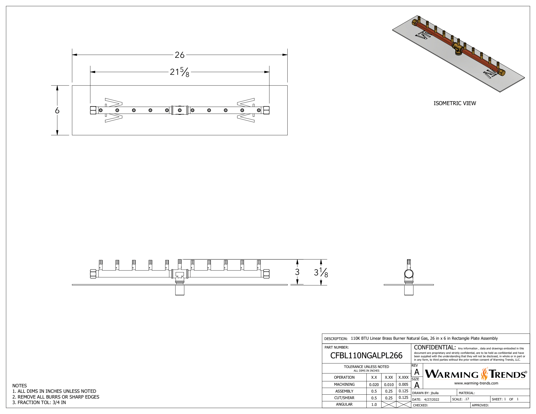 110K BTU 22" Linear Brass Burner For Rectangular Fire Pit Openings