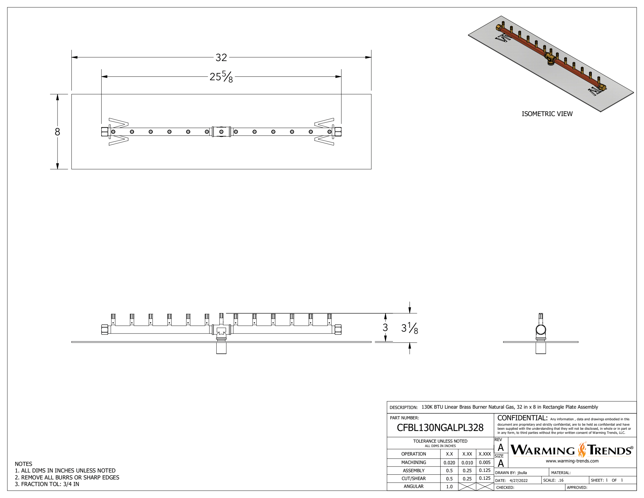130K BTU 26-inch Linear Brass Burner for Rectangular Fire Pit Openings