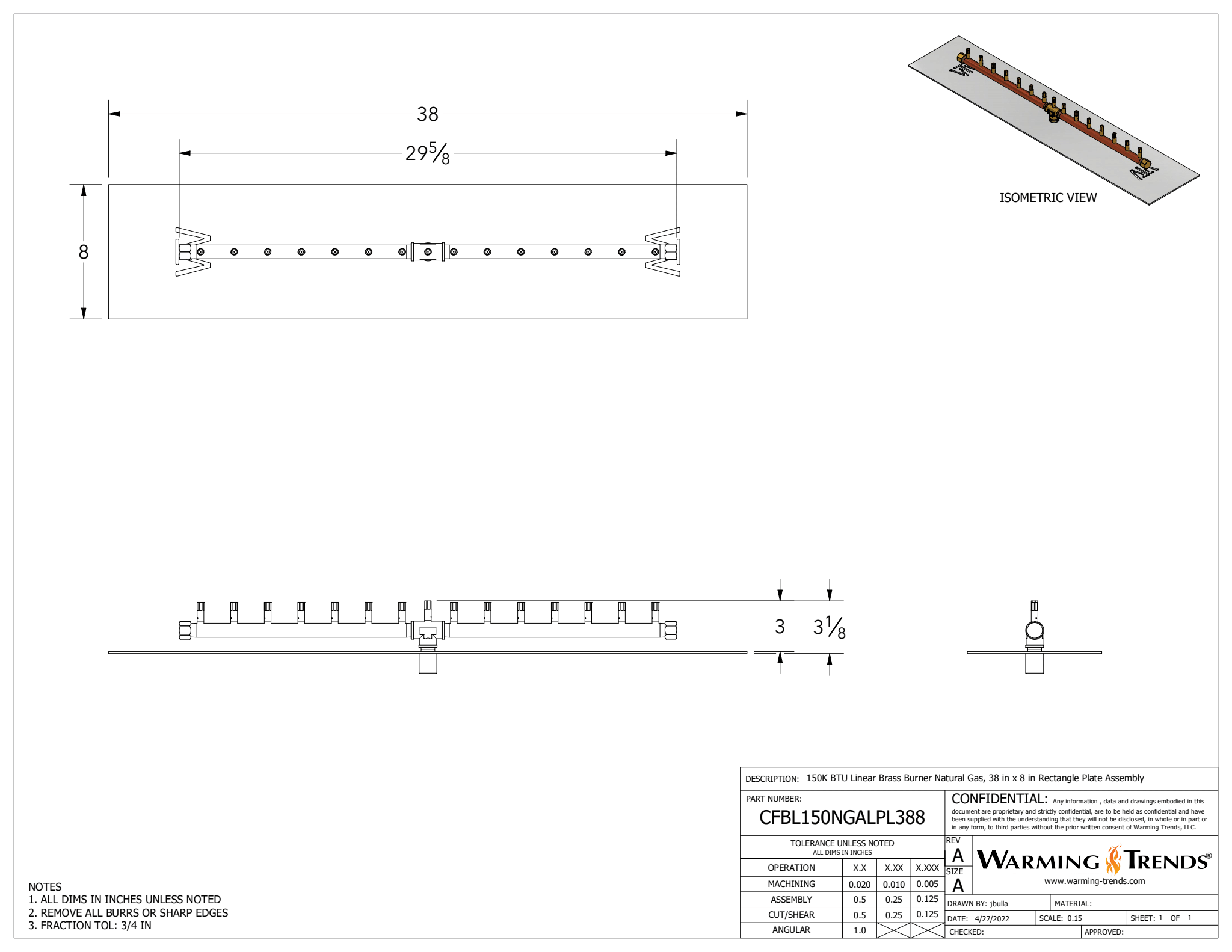 150K BTU 30-inch Linear Brass Burner For Rectangular Fire Pit Openings