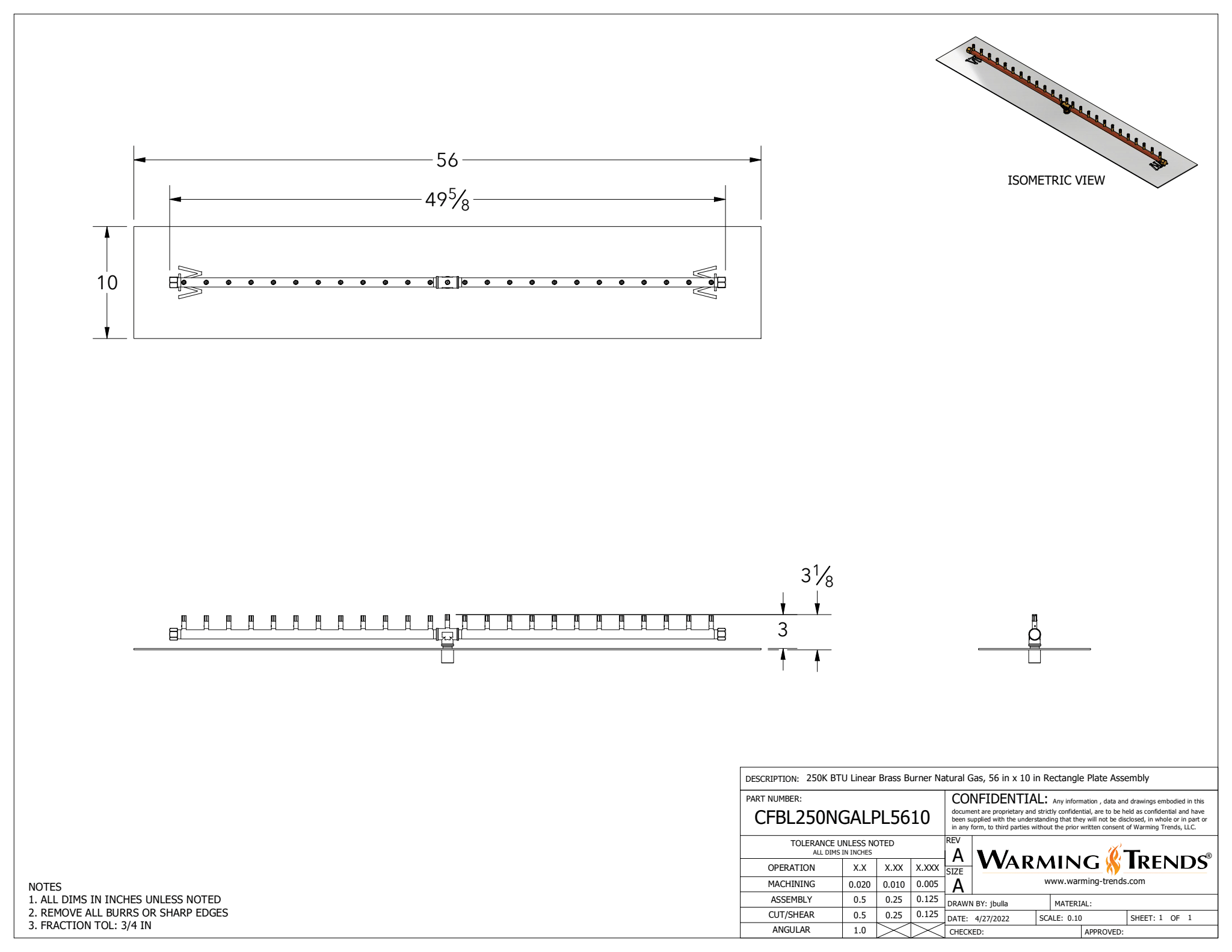 250K BTU 50-inch Linear Brass Burner For Rectangular Fire Pit Openings