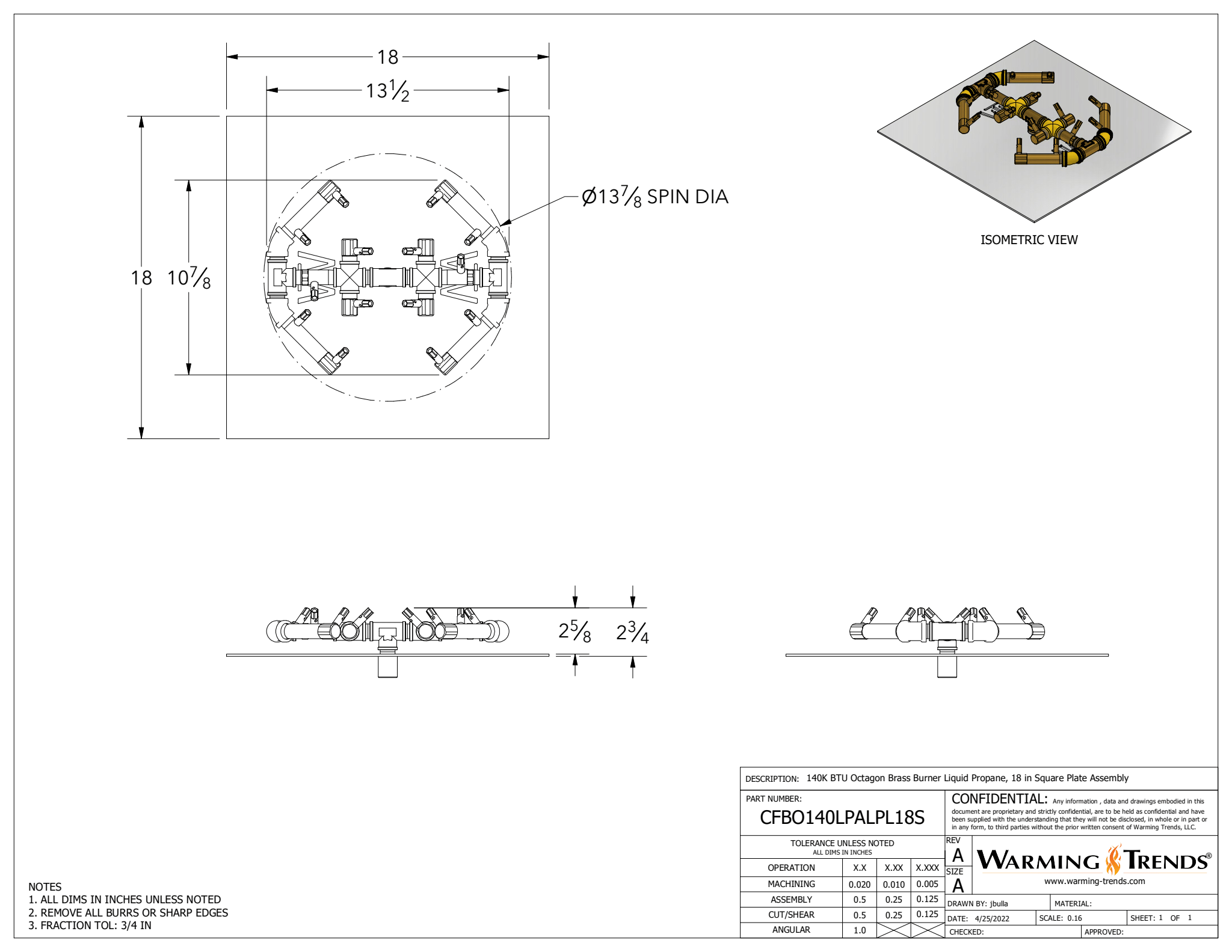 140K BTU Octagonal Brass Burner for 18-Inch Square or Round Fire Pit Openings