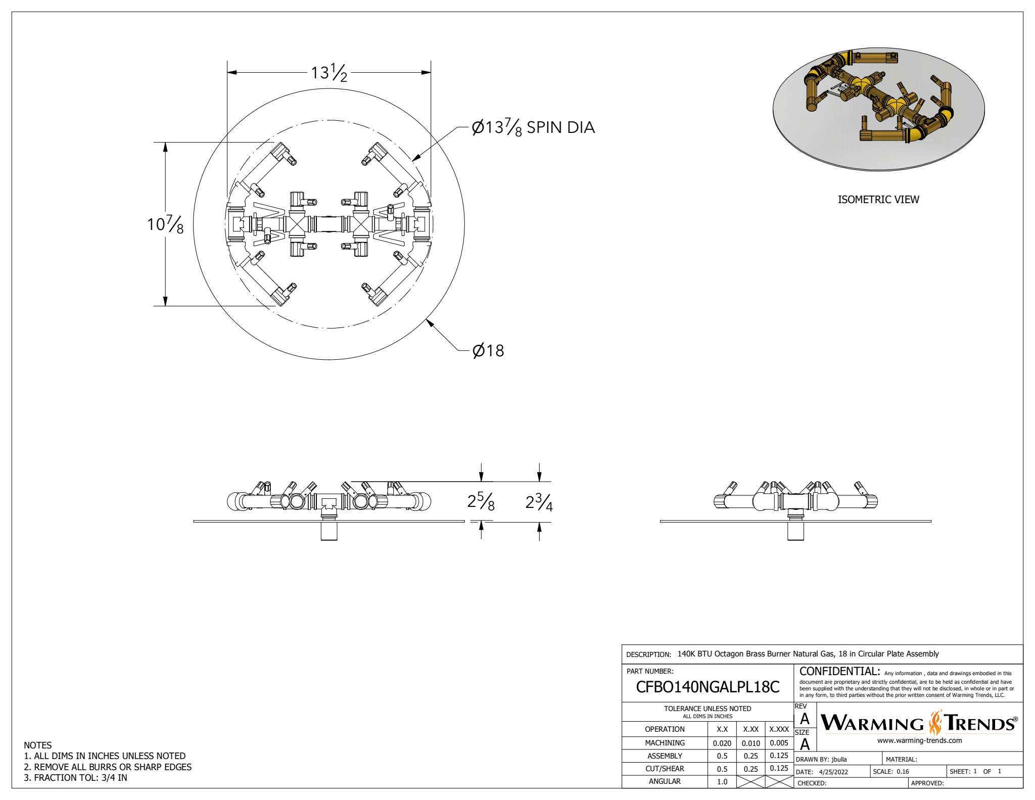 140K BTU Octagonal Brass Burner for 18-Inch Square or Round Fire Pit Openings